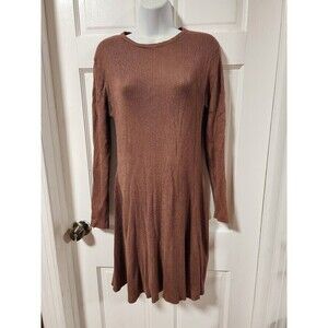 Women’s Brown A-Line Dress Large Long Sleeve Round Neck Casual Flowy Fall